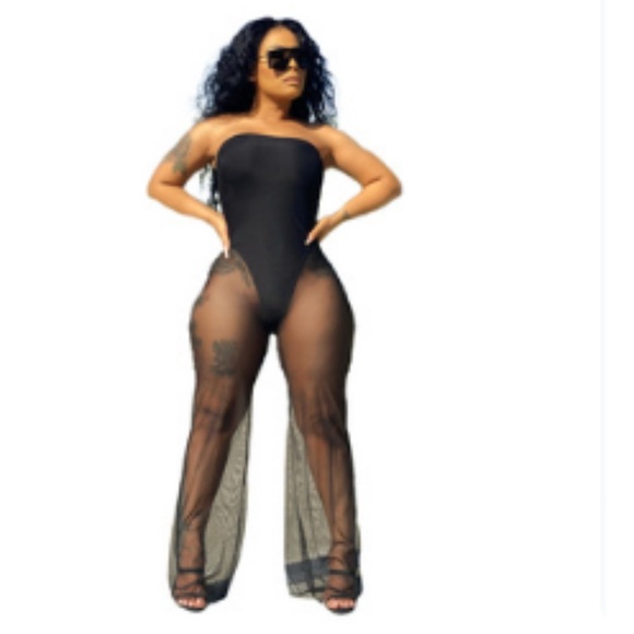 Black Mesh Jumpsuit Strapless Sheer Bodysuit Clubwear Y2K Streetwear Baddie - Picture 2 of 4